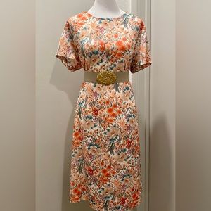 VTG Peach Orange Floral Print Short Sleeve Midi Dress - XL